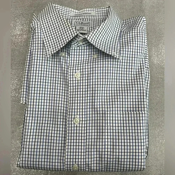 [17]LL Bean Blue Mini Check Oxford  Wrinkle Resistant Dress Shirt - Picture 2 of 10